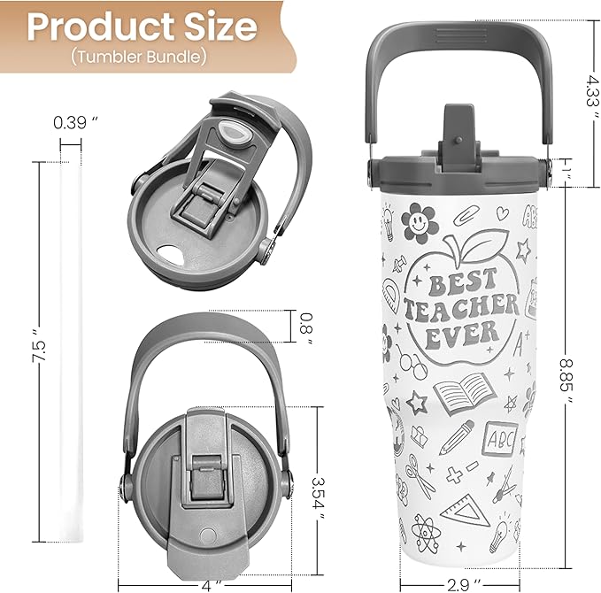 Teacher Appreciation Gifts, Best Teacher Ever Tumbler 30oz, Stainless Steel Insulated Tumblers Coffee Travel Cup with Handle & Flip Straw, Teachers Gifts from Student for Birthday Christmas Grad