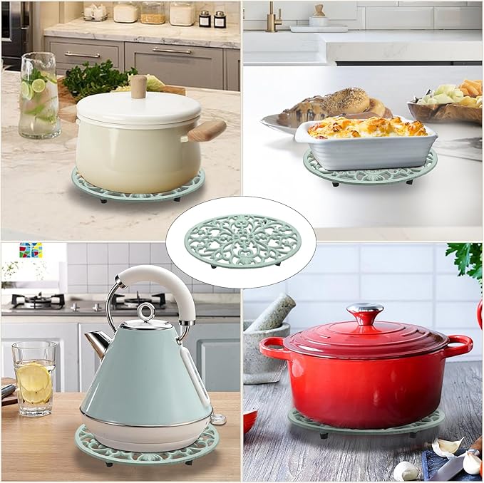 Sumnacon 1Pcs Oval Cast Iron Trivet - Antique Heat Resistant Metal Trivet for Hot Dish Pot Pan Teapot, Vintage Well Made Hot Plate Pad for Kitchen Dining Countertop Table,Green