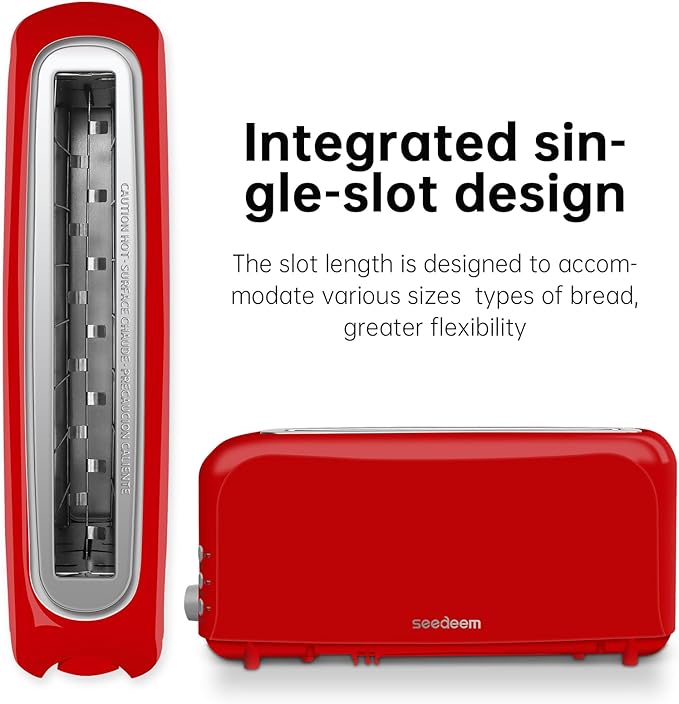 SEEDEEM 2 Slice Slim Toaster, Single 10" Long Slot Toaster Fits Bagels & Artisan Bread, 6 Shade Settings, Cancel/Reheat/Defrost, Removable Crumb Tray, Auto Shut-Off, Red