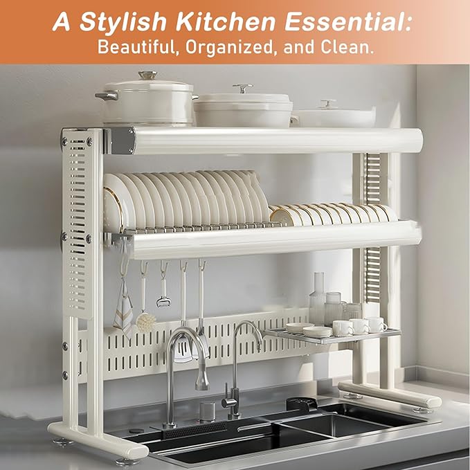 Large Over The Sink Dish Drainer Drying Rack，2 Tier Large Capacity Stainless Steel Dish Drying Rack Over Sink, Multifunctional Kitchen Organizers and Storage Dish Rack (White, Double Layer)