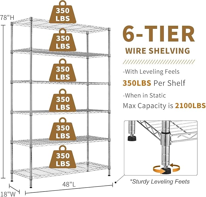 6 Tier Wire Shelving with Wheels, 2100lbs Storage Shelves Metal Shelves for Storage Rack, Adjustable Garage Shelf Heavy Duty Shelving Units Pantry Shelf Kitchen, (48"X18"X82", Chrome)