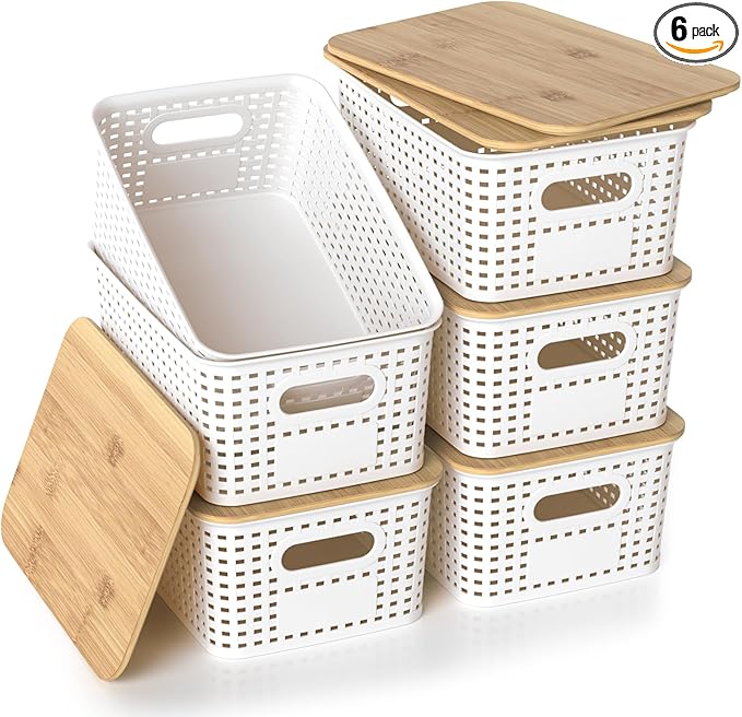 Plastic Storage Baskets with Bamboo Lids, Stackable Small Box Bins for Organizing and Containers for Shelves Drawers Desktop Closet Pantry Classroom Office Home, 6 Pack 10.2x7.2x4.1 Inch, White