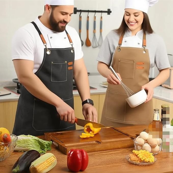 Chef Apron with Cross Back Straps for Men & Women, Cotton Canvas Adjustable Apron with Pockets for Cooking,Baking,BBQ,Painting,Gardening,Workshop(Black)