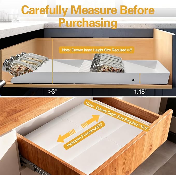 GOENDR Metal Spice Drawer Organizer, 4-Tier Spice Rack for Cabinet, Expandable Seasoning Organizer Fits 11.4-22.8” Drawer, Holds up to 48 Spice Jars (Not Included), White