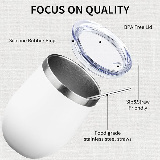 12oz/4 Pack Stainless Steel Wine Tumbler with Lids, Double WallVacuum Stainless Steel Travel Tumbler,Insulated Wine GlassesTravel Tumbler for Cold & Hot Drinks,Cup for ChampaignCoffee(white+Blue)