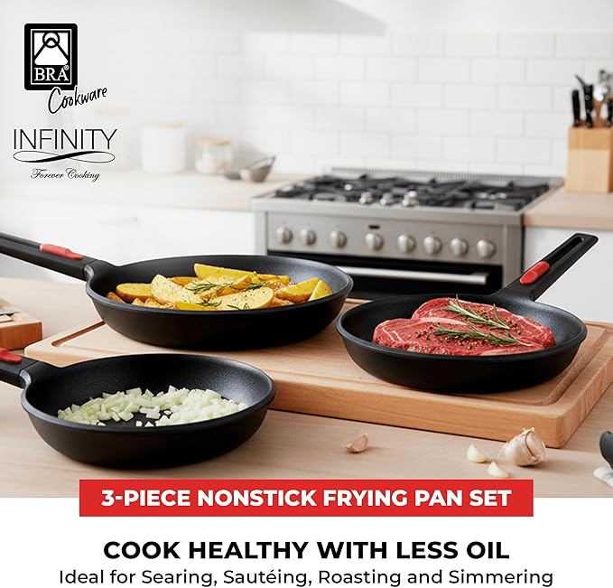 BRA COOKWARE Infinity 3-Piece Nonstick Frying Pan Set | 8, 9.5 & 11 Inch Cast Aluminum Skillet Set | PFOA/PFAS Free Fry Pans | All Cooktops incl. Induction | Oven Safe Searing Skillets