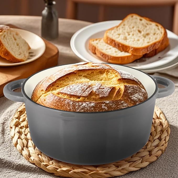 6 Quart Enameled Cast Iron Dutch Oven Pot with Lid, Oven Safe up to 500°F or on Stovetop, Non-stick Dutch Oven for Bread Baking, Cooking, Dual Handles Cookware, Grey