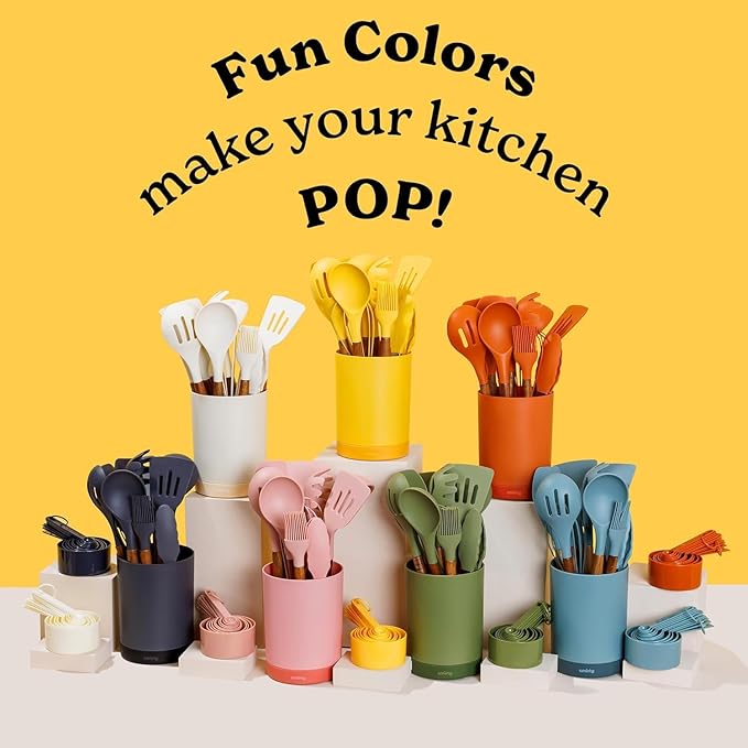 Silicone Kitchen Utensils Set & Holder: Cooking Utensils Set - Kitchen Essentials for New Home & 1st Apartment- Silicone Spatula Set, Cooking Spoons for Nonstick Cookware (Acacia Wood, Grey)