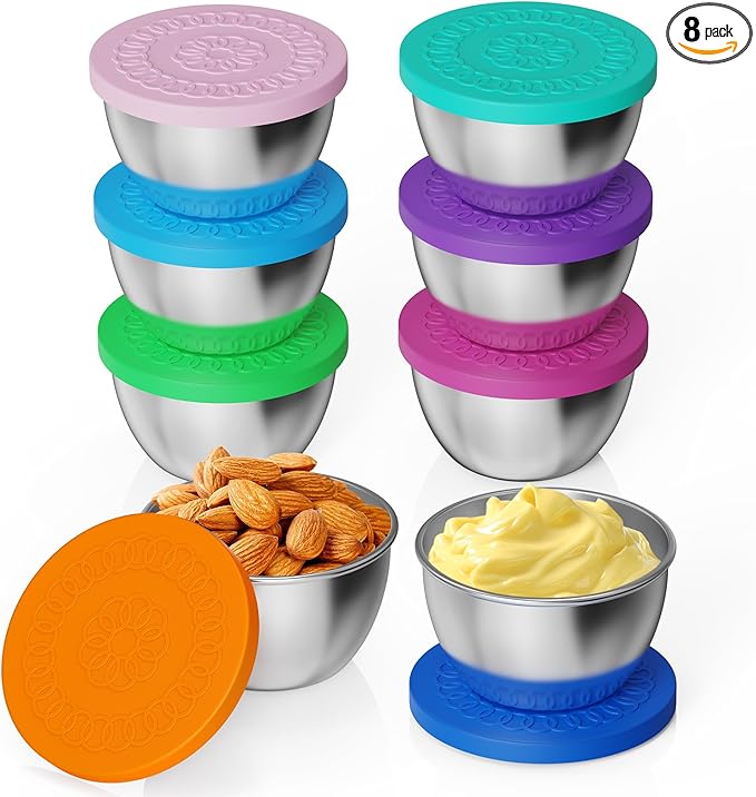 2.5 ozx 8 Pack Sauce Containers for Lunch Box,Salad Dressing Containers To Go,Small Stainless Steel Container with Silicone Lids,Picnics,Travel Meal Prep And Kitchen Storage