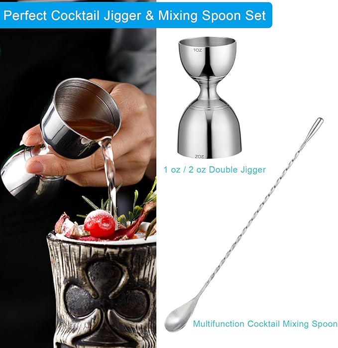 Bell Cocktail Jigger with Measuring Marks (1oz, 2oz) and Mixing Spoon - Bartender Set