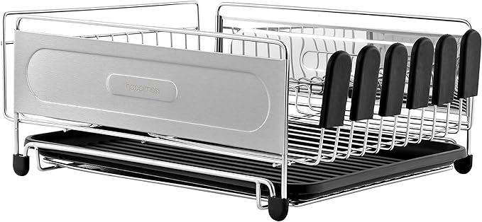 happimess DSH1000A Compact 17.25' Fingerprint-Proof Stainless Steel Dish Drying Rack, Dish Rack with Wine Glass Holder, Utensil Holder, Stainless Steel/Black, Silver/Black