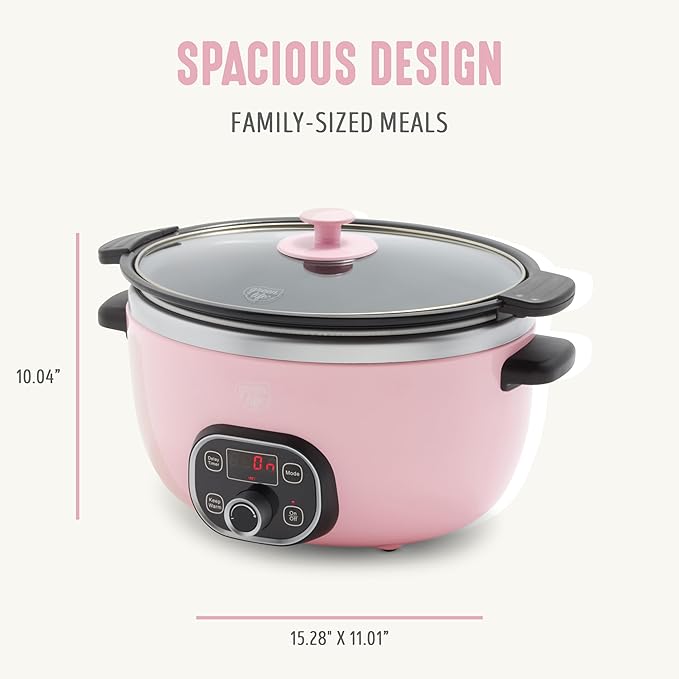 GreenLife 6QT Slow Cooker, Non-Toxic PFAS-Free Ceramic Nonstick Removable Interior Bowl, Programmable, Family Friendly, Keep Warm, Stovetop & Oven Safe, Dishwasher Safe Crock, Timer, Glass Lid, Pink
