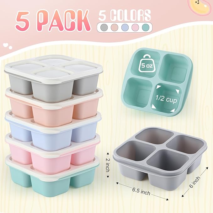 Honeydak 5 Pack Snack Containers 4 Compartment Bento Snack Boxes Reusable Lunchable Containers with Lids Divided Meal Prep Lunch Food Storage Box for School Work Travel(Macaroon,Equal)