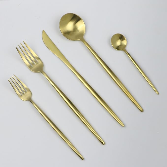 Customized 5-Piece 18/10 Stainless Steel Flatware Set, Serive for 1, With Fork Spoons Knife Teaspoon Dessert Fork for Home Kitchen Restaurant Hotel (Matt Gold)