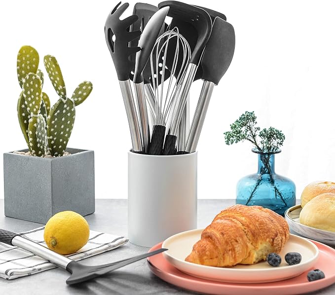 Rorence Silicone Cooking Utensil Set: 12 Pieces Kitchen Utensils Non-Stick & Heat Resistance Silicon And Stainless Steel Handles - Black