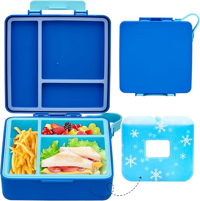 Chill Bento Lunch Box for Kids Adult with Ice Pack,Leak Proof 3 Compartments Lunch Container for Kids,Ice Pack Detachable Bento Box,BPA Free,Dishwasher & Microwave Safe-Blue