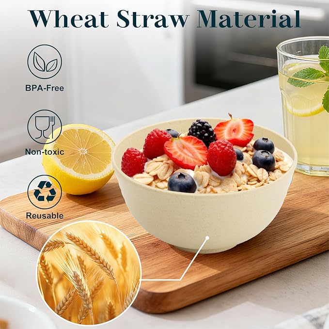 Wheat Straw Bowls Set of 8, Unbreakable Cereal Bowl 26 OZ, Microwave and Dishwasher Safe Bowl for Dinner, Breakfast, Serving, Reusable Plastic Bowls for Kitchen, Soup, Ramen, Salad - Beige
