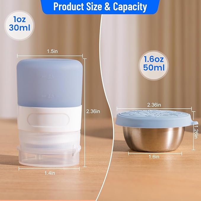 8-Pack Salad Dressing Container To Go, 1-oz Silicone Small Condiment Squeeze Bottles and 1.6 oz Stainless Steel Sauce Containers Cups, Leakproof Condiment Containers with Lids for Lunch Box