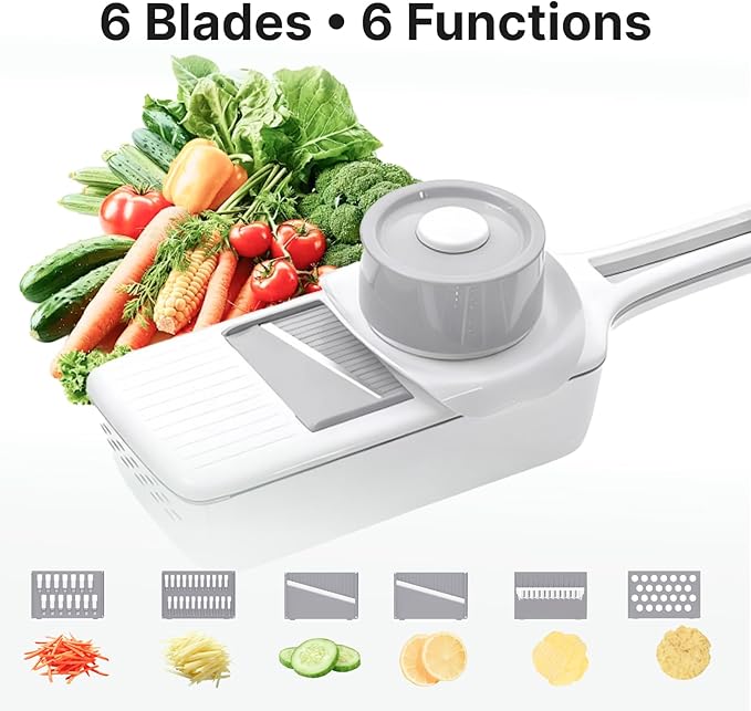 Mandoline Slicer for Kitchen with Drain Box, 6-in-1 Vegetable & Cucumber Slicer with Safety Guard, Extended Handle, Easy Clean Slice-Rinse-Store Design for Salad Prep & Daily Cooking