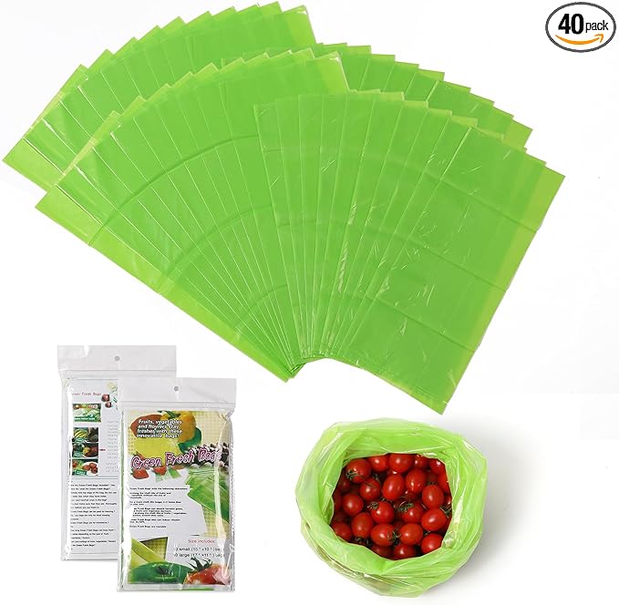 Reusable Produce Bag,Vegetable and Fruit Storage Bags 40PK, Green Color Fresh Bags Keep Vegetable and Fruit Stay Fresh Longer,Sterilization Bag,Salad Fresh Bag