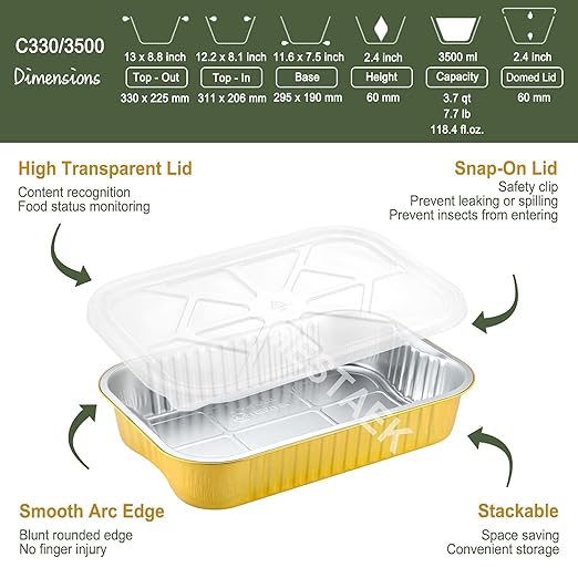 13"x 8.9" Sturdy Aluminum Foil Pans with Lids and Handle (5 Pack), 2X Thicker Heavy Duty, Dishwasher, Reusable Microwavable for Cooking, Baking, Reheating, Freezer, Oven, Recyclable, 118oz