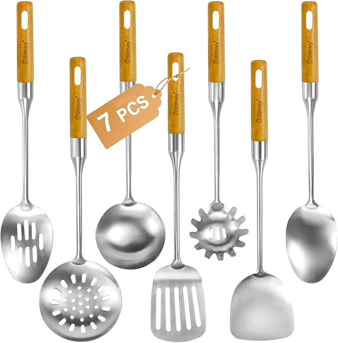 Stainless Steel Cooking Utensils Set with Wooden Handle, 7 Pcs Long Kitchen Utensil Set Stainless Steel, Heat Resistant Metal Spatula Set for Cooking with Turners, Skimmer, Ladle, Pasta Fork