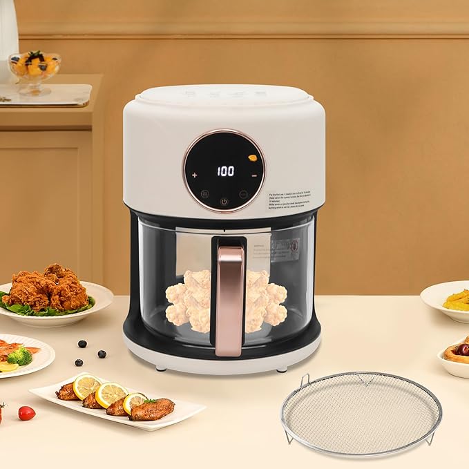 Glass Air Fryer 3.81QT with 360° View, 1200W Touchscreen & 8 Presets, Borosilicate Glass Pot for Healthy Frying, Family Kitchens, Restaurants (White)
