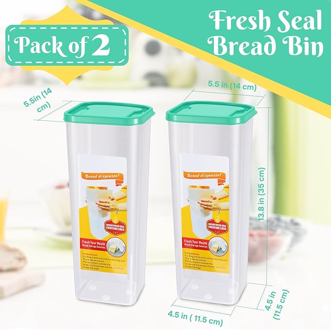 Flexzion 2 Pack Airtight Bread Containers - Clear BPA-Free Storage Box for Kitchen Countertop, Space-Saving & Durable Plastic Loaf Container & Dispenser, Green