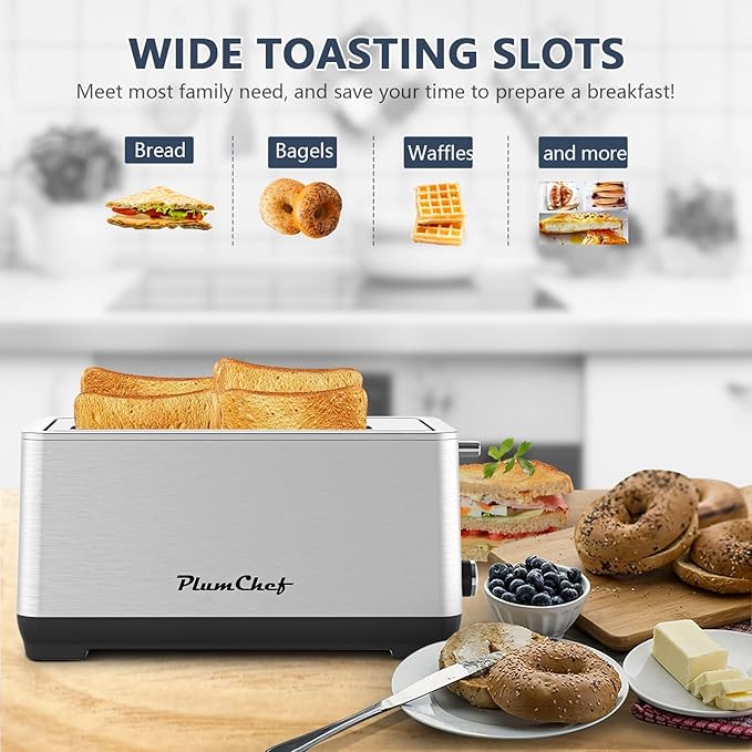 4-Slice Toaster, Extra Wide Long Slot Toaster with Warming Rack, 6 Browning Settings, Bagel/Defrost/Reheat Functions, Removable Crumb Tray, Stainless Steel Housing,Stainless Steel