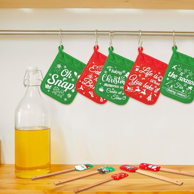 Yaomiao 12 Pcs Christmas Pot Holders with Silicone Spatula Set Wooden Handles Pot Holders for Christmas Kitchen Utensils xmas Baking Gifts for Neighbor Cooking Essentials(Cute)