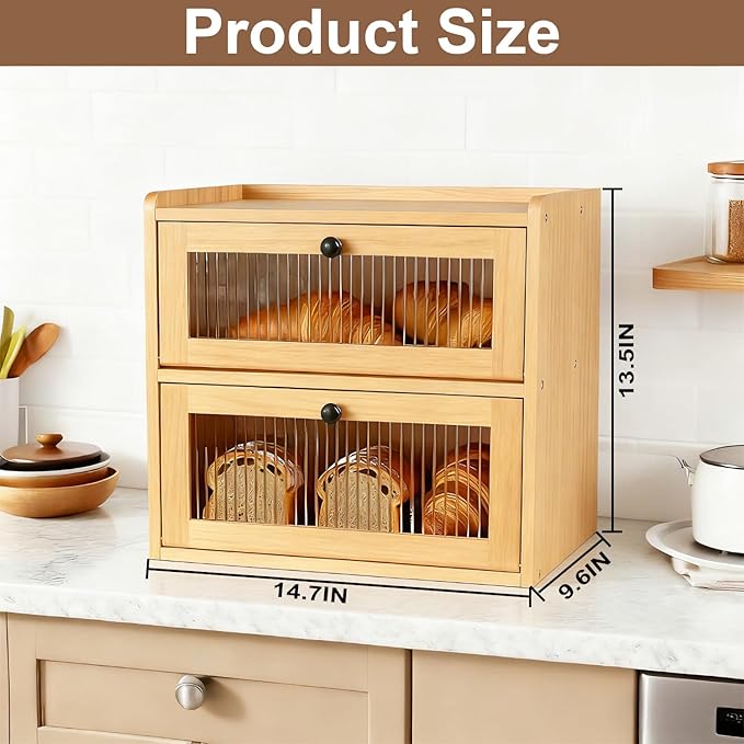 Wooden Bread Box for Kitchen Countertop Large Capacity Corner Bread Box Bread Storage Container with Clear Acrylic Window