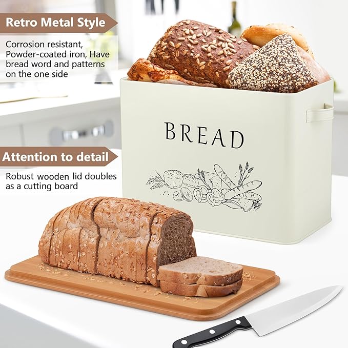 P&P CHEF Bread Box for Kitchen Counter, Metal Bread Storage Bin with Wooden Cutting Lid, Large Capacity for Holding 2+ Loaves, Retro Modern Style, Size 13” x 7.2” x 9.7”, Cream