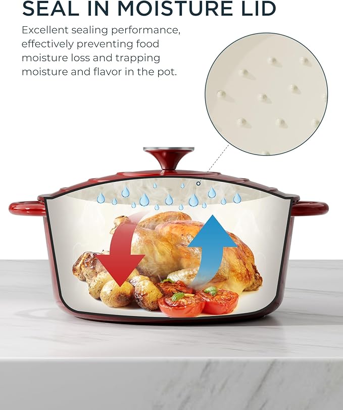 Enameled Cast Iron Dutch Oven - 7.5QT Pot with Lid & Cotton Potholders - Heavy-Duty Cookware for Braising, Stews, Roasting, Bread Baking, Oven Safe up to 500°F & Suitable for All Cooktops, Cherry Red