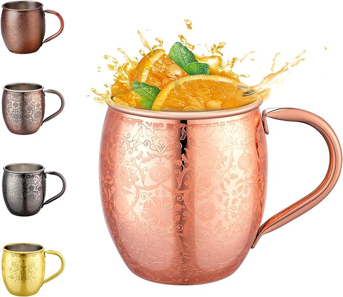 Moscow Mule Mugs - 18 Oz Copper-Plated Fine Craftsmanship Etched Mugs,304 Stainless Steel-Lined Mule Cups,For Cold Drinks, Beer, Wine, Bars, Parties