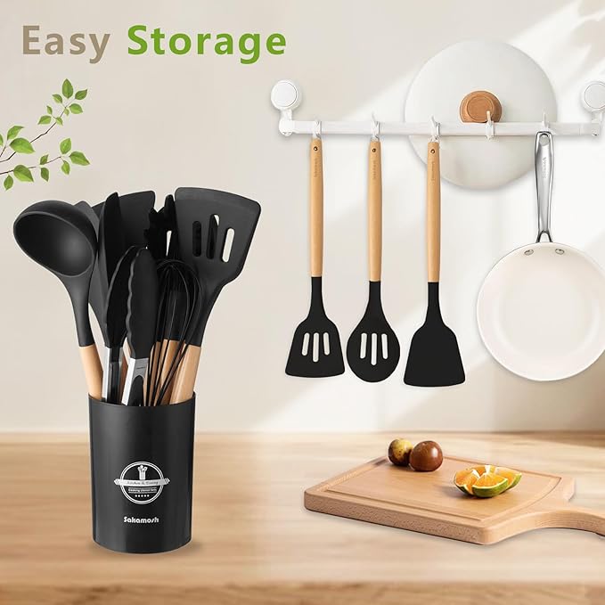 Silicone Cooking Utensils Set with Holder, 12 Pcs Heat Resistant Kitchen Utensils Set with Wooden Handle, BPA-free Spatula, Tongs, Spoons Set for Nonstick Cookware, Black