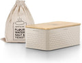 LARS NYSØM Bread Box I Metal Box with linen bag for long lasting freshness I Bread Bin with bamboo lid usable as cutting board I 13.4x7.3x5.3In (Taupe Brown)