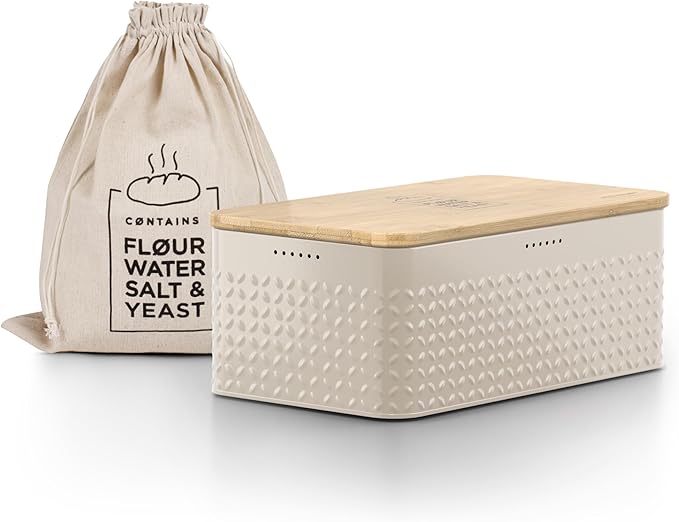 LARS NYSØM Bread Box I Metal Box with linen bag for long lasting freshness I Bread Bin with bamboo lid usable as cutting board I 13.4x7.3x5.3In (Taupe Brown)