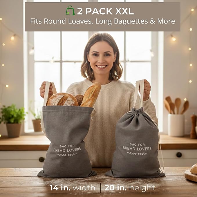 Linen Bread Bags for Homemade Bread – 2 Pack XXL Reusable Sourdough Bread Storage Bags, Keep Bread Fresh Longer, Grey Linen Bag with Drawstring and Handle, TPU Lining, Gifts for Bakers, Made in USA