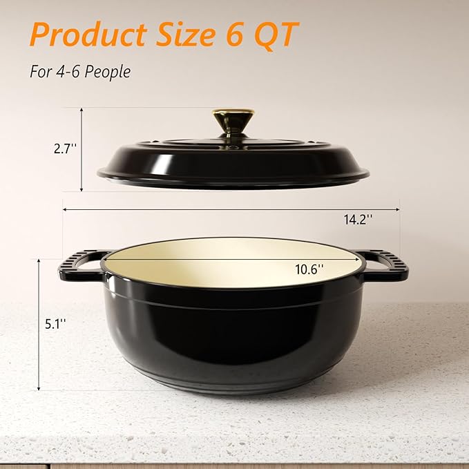 ROVSUN Enameled Cast Iron Round Dutch Oven, 6QT Pot with Lid &Dual Handles with Silicone Gloves,Oven Safe up to 500°F, Heavy-Duty Pre-Seasoned Cookware for Bread Baking, Braising, Stews, Roasting, Black