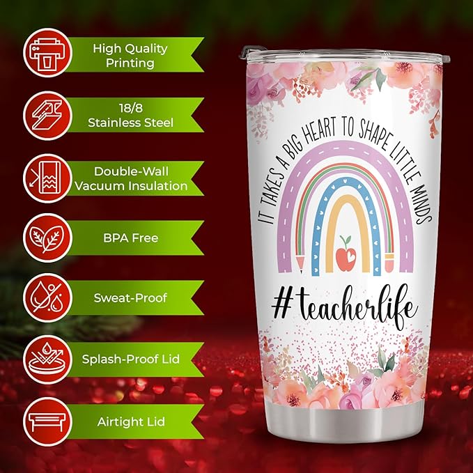 34HD Teacher Tumbler with Lid, 20oz Stainless Steel Coach Life Mug, It Takes Big Heart To Shape Little Minds Cup, Unique Gifts for Teacher Appreciation Birthday Christmas School