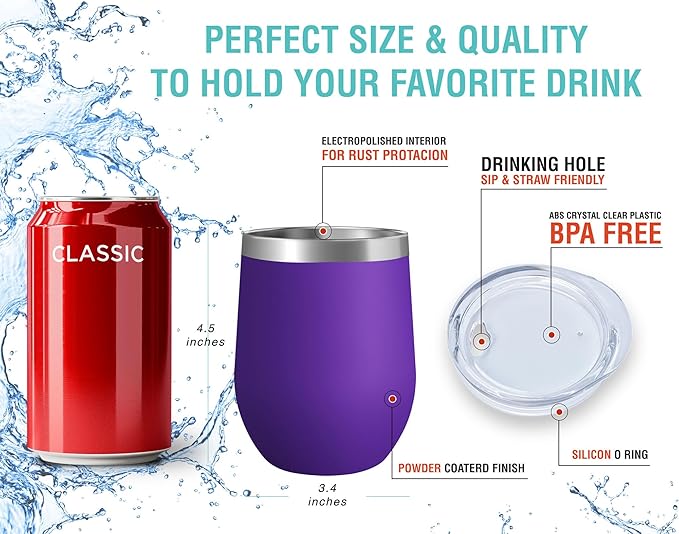 CHILLOUT LIFE 12 oz Stainless Steel Wine Tumbler with Lid - Double Wall Vacuum Insulated Wine Cup Glass Keeping Cold & Hot for Coffee, Champagne, Cocktails, Ice Cream - Powder Coated Purple