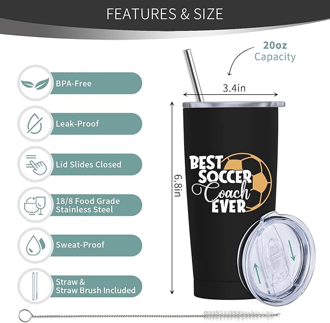 Soccer Coach Gifts for Men Women - Best Soccer Coach Ever Gifts - Coach Thank You Tumbler, 20 oz Insulation Stainless Steel