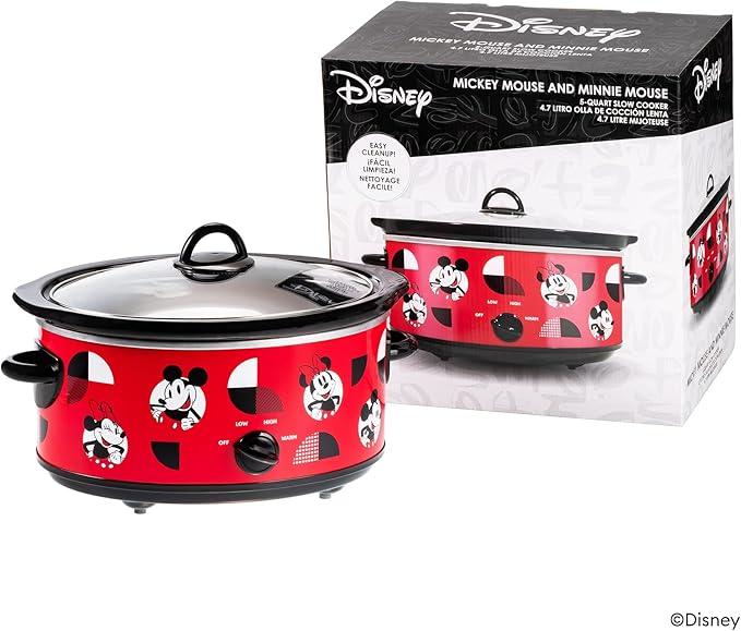 Uncanny Brands Disney Mickey and Minnie Mouse 5-Quart Slow Cooker – Officially Licensed, Removable Stoneware, Adjustable Temperature, Easy-Clean Design