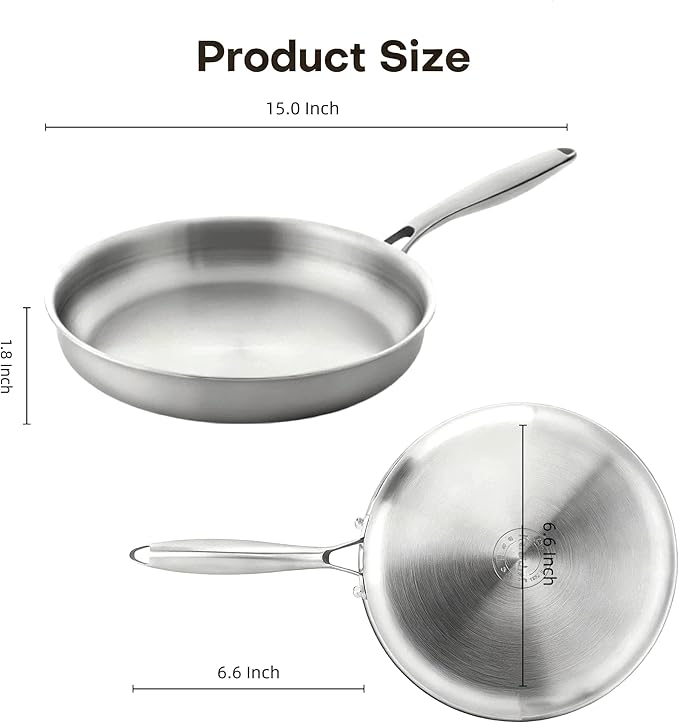 Stainless Steel Frying Pan, 8 Inch Frying Pan Cookware, Healthy Stainless Steel Skillet, Works on Induction, Ceramic and Gas Cooktops, PFOA Free, Dishwasher Safe, Stay-Cool Handle