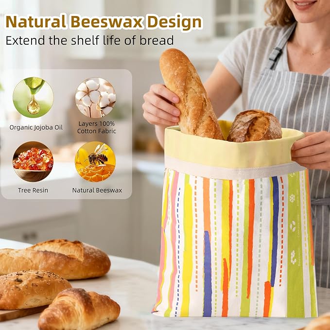 2-Pack Beeswax Bread Bags for Sourdough Homemade Bread，XL Reusable Beeswax Bread Storage Bag，Portable with large capacity，Keeps Fresh, Easy to Clean