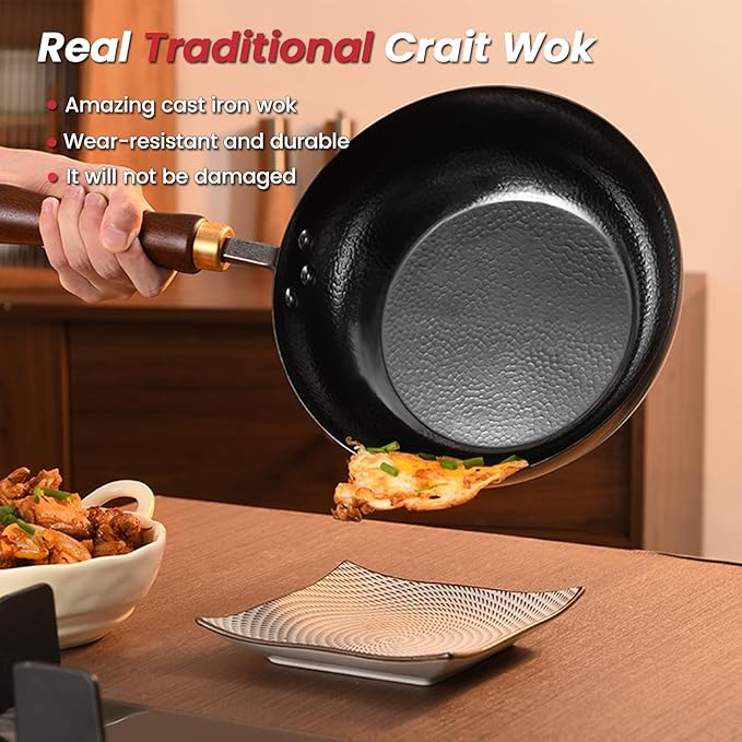 Carbon Steel Wok Pan, 9.5" Woks & Stir-Fry Pans with Glass Lid Cookwares, Nonstick Wok Flat Bottom Small Handmade Chinese Wok For for All Stoves