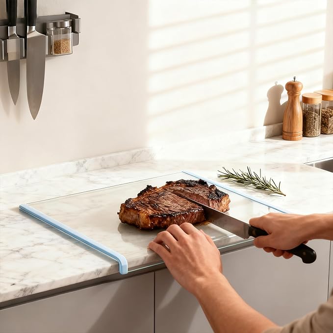 Clear Cutting Board for Countertop (17"x13.3"),Glass Cutting Board with Lip,Kitchen Countertop Protector, Non Slip,Gifts suitable for Christmas, Mother's Day and fatherly occasions (Blue)
