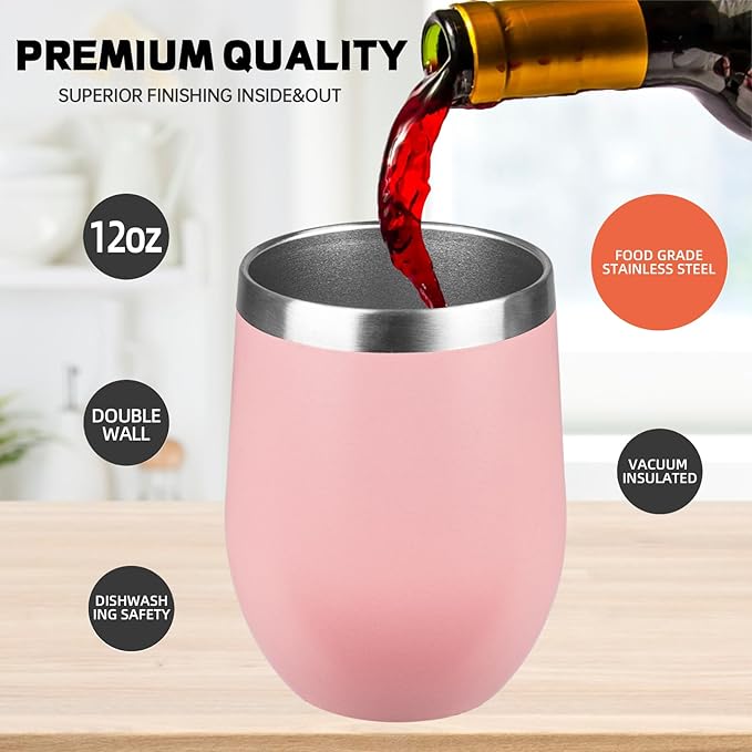 StarSpeed 12oz/12 Pack Wine Tumbler with lid, Stainless Steel Travel Mugs Stemless Double Wall Insulated Coffee Cup, Insulated Wine Glasses Travel Tumbler for Cold & Hot Drinks(Light Pink, 12)