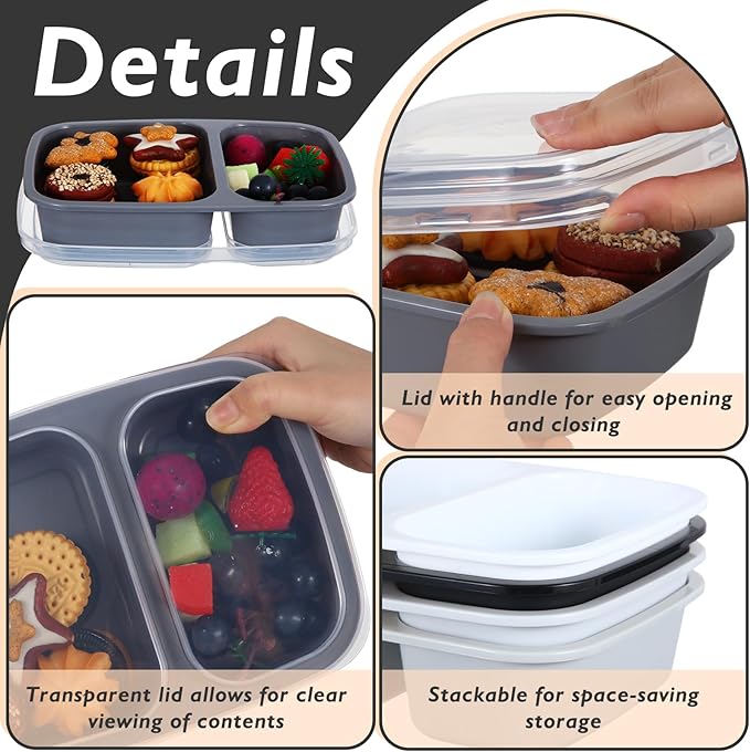 Honeydak 5 Pack Lunchable Snack Containers 2 Compartment Divided Bento Snack Boxes Reusable Meal Prep Containers with Lids Lunch Food Storage Box for School Work Travel(White Black)