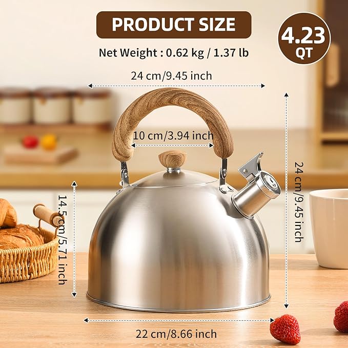 18/8 Stainless Steel Tea Kettle for Stovetop (4L / 4.23 Quart Whistling Tea Pot, Wood Handle)-Silver